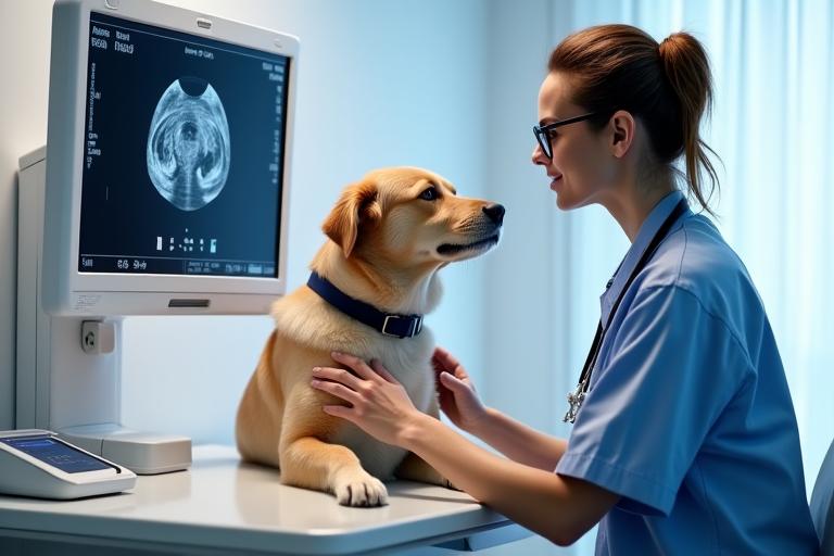Vétérinaire réalisant une échographie sur un chien à Lyon