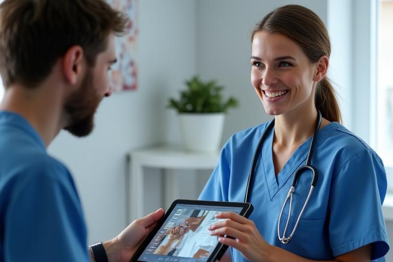 Vétérinaire en téléconsultation avec un client sur une tablette
